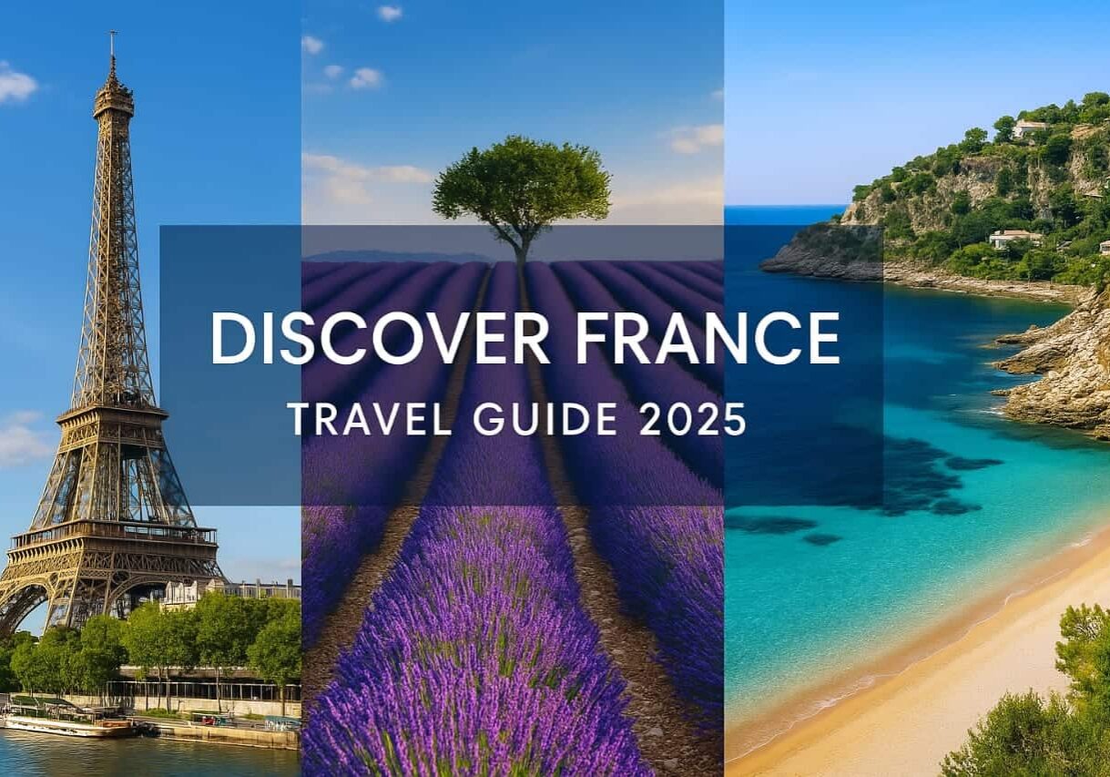 france 1 A collage of photos with the words " discover france travel guide 2 0 2 5 ".
