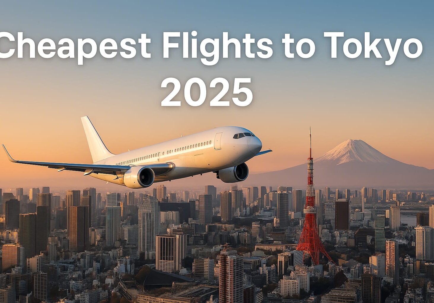 today 1 A plane flying over the city with text that reads " cheapest flights to tokyo 2 0 2 5 ".